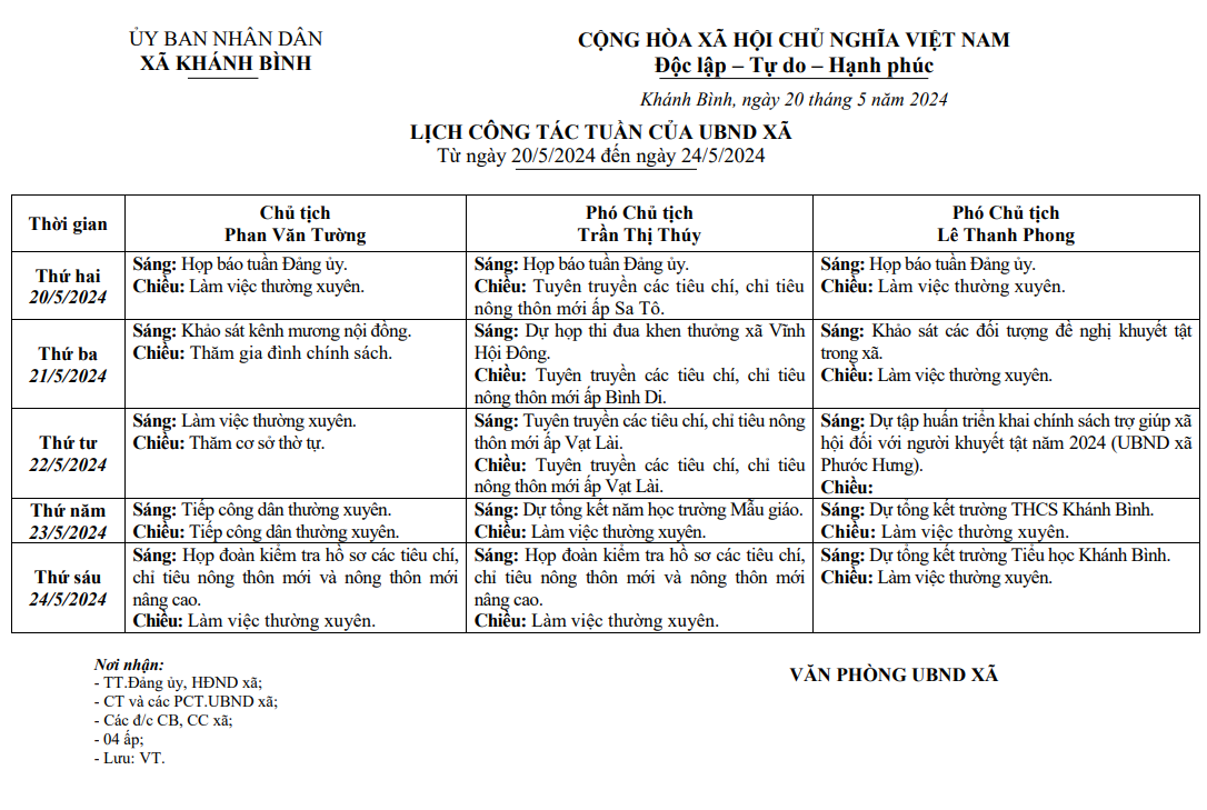 Lịch làm việc UBND xã Khánh Bình tuần 21