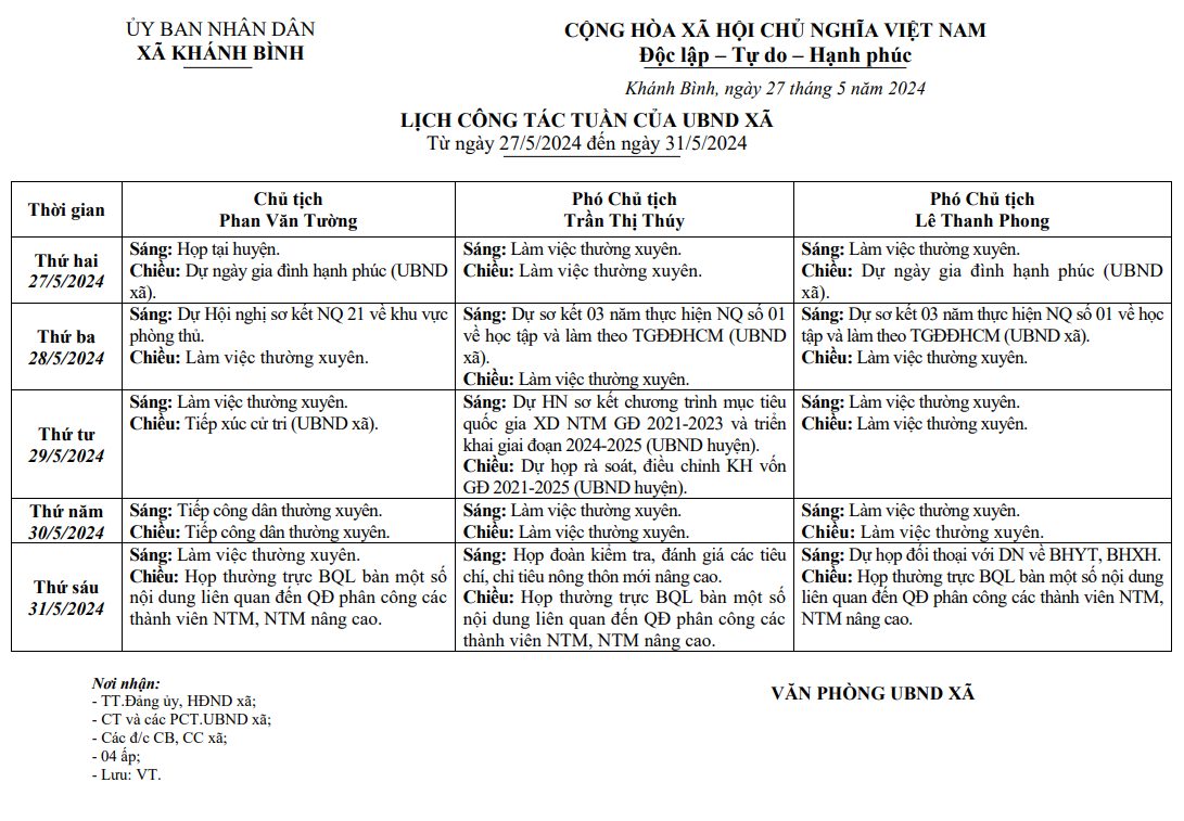 Lịch làm việc UBND xã Khánh Bình tuần 22